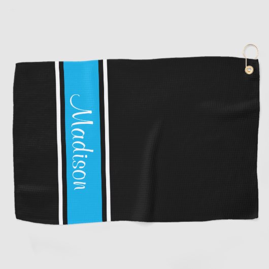 Naam Black Sky Blue Stripe Script Golfhanddoek (Horizontaal)