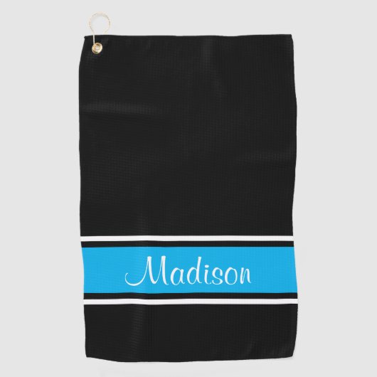 Naam Black Sky Blue Stripe Script Golfhanddoek (Voorkant)