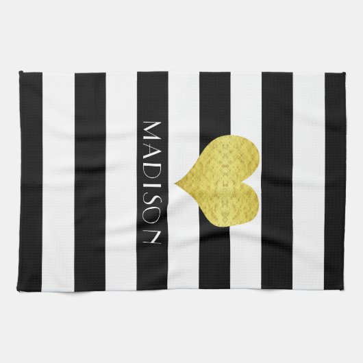 Naam Black White Gold Heart Pattern Print Theedoek (Horizontaal)