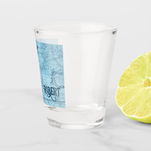 Naam, Blauwe Faux Oude Wereldkaart 1.5oz Shot Glas (Rechts)
