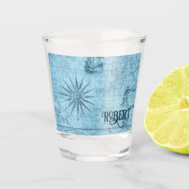 Naam, Blauwe Faux Oude Wereldkaart 1.5oz Shot Glas