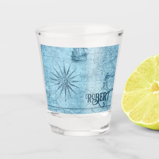 Naam, Blauwe Faux Oude Wereldkaart 1.5oz Shot Glas (Voorkant)