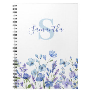 Naam Blauwe Floral Monogram Notitieboek