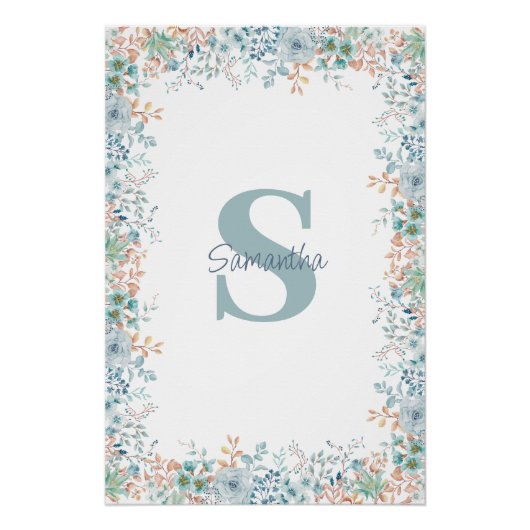 Naam Blauwe Floral Monogram Perfect Poster (Voorkant)