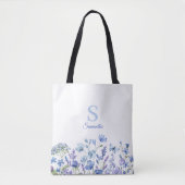 Naam Blauwe Floral Monogram Tote Bag (Voorkant)