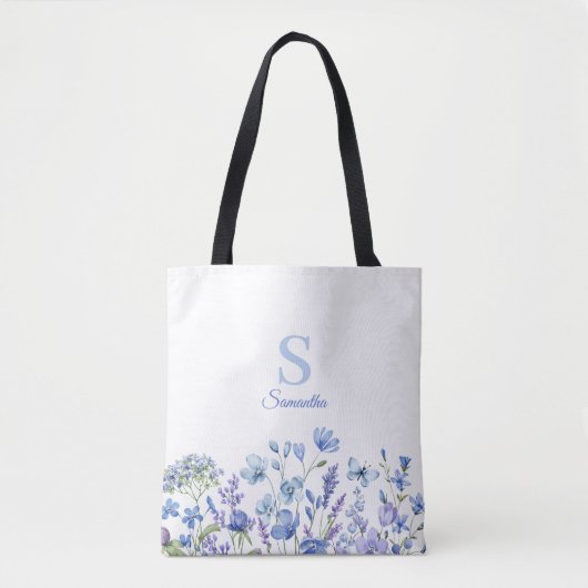 Naam Blauwe Floral Monogram Tote Bag (Voorkant)