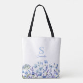 Naam Blauwe Floral Monogram Tote Bag (Achterkant)