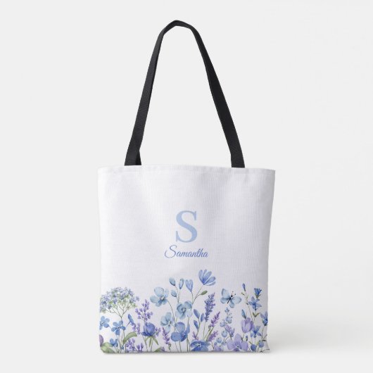 Naam Blauwe Floral Monogram Tote Bag (Achterkant)