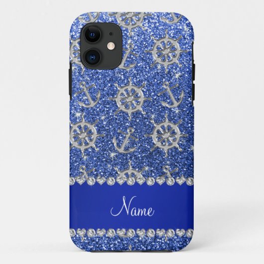 Naam blauwe glitter zilveren ankschepen Case-Mate iPhone case (Achterkant)
