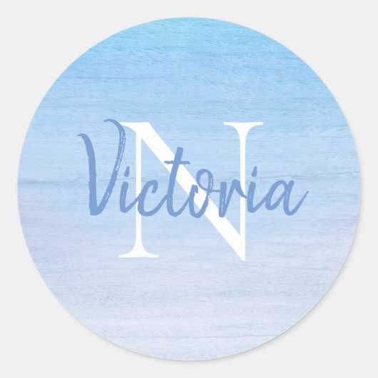 Naam blauwe monogram ronde sticker (Voorkant)