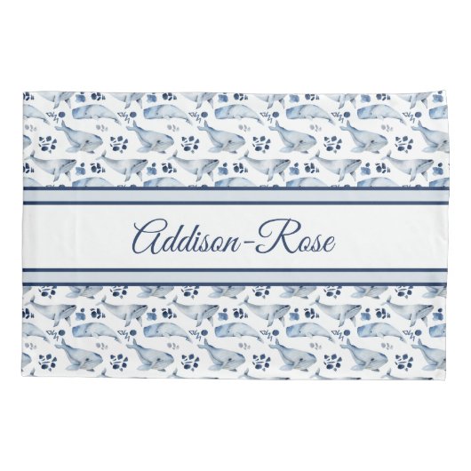 Naam Blauwe witte walvis Ocean Pattern Nursery Kussensloop (Achterkant)