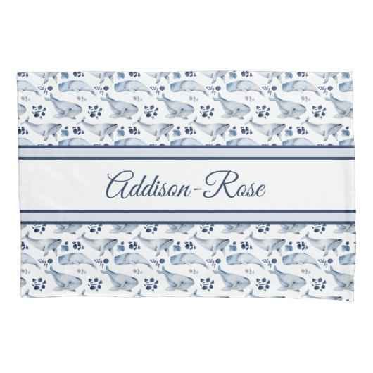 Naam Blauwe witte walvis Ocean Pattern Nursery Kussensloop (Voorkant)