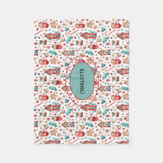 Naam Blauwgroen & Rode Sneeuwman, Snoepjes Fleece  Deken (Voorkant)