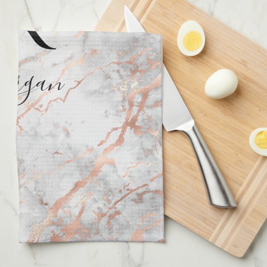 Naam/Blk Monogram, Wit & Roos Gold Marble, Vs 2 Theedoek (Quarter Fold)