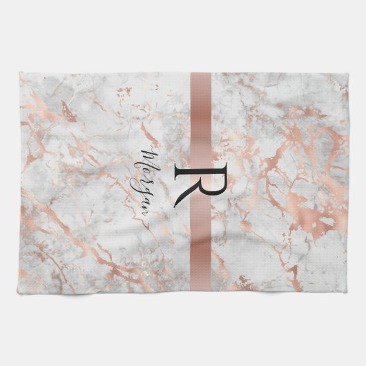 Naam/Blk Monogram, Wit & Roos Gold Marble, Vs 2 Theedoek (Horizontaal)