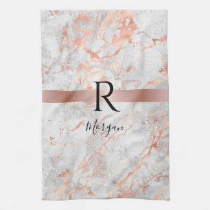 Naam/Blk Monogram, Wit & Roze Goud Marmer, Vs 2 Theedoek