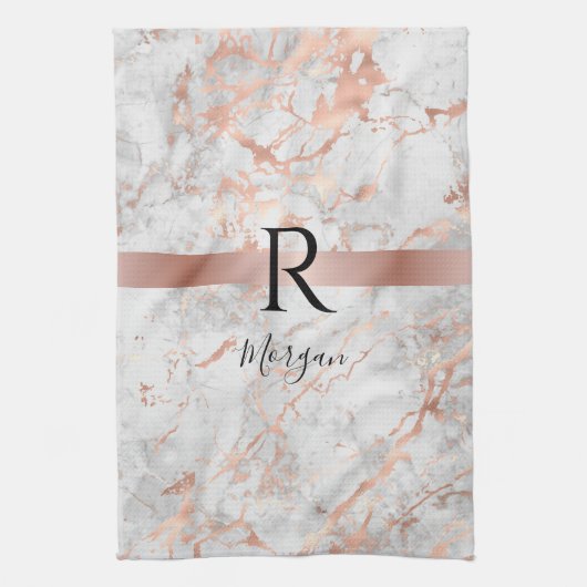 Naam/Blk Monogram, Wit & Roze Goud Marmer, Vs 2 Theedoek (Verticaal)