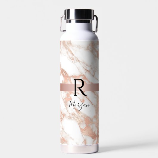 Naam & Blk Monogram, Wit & Roze Goud Marmer Vs 2 Waterfles (Voorkant)