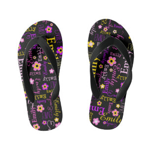 Naam bloempatroon roze paars geel zwart kinder teenslippers