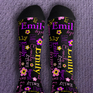 Naam bloempatroon roze paars geel zwart sokken