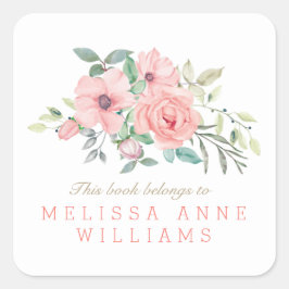 Naam Blush Coral Waterverf Bloemen Boekplaat Vierkante Sticker