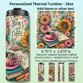 Naam, Boeken & Koffie met Bloemen Thermosbeker