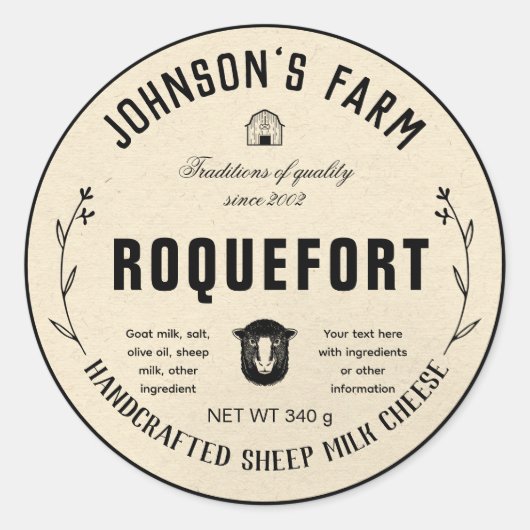 Naam boerderij | Wreath | Schapenmelk | VINTAGE | Ronde Sticker (Voorkant)