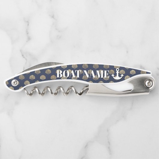 Naam boot Anchor Blue Gold Seashell Nautical Kurkentrekker (Achterkant)