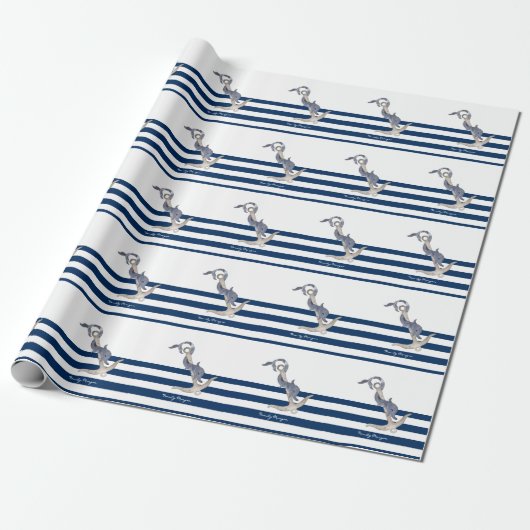 Naam boot,Anchor Dolphin Navy Blue Striped Cadeaupapier (Uitgerold)