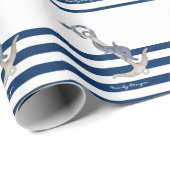 Naam boot,Anchor Dolphin Navy Blue Striped Cadeaupapier (Rol Hoek)