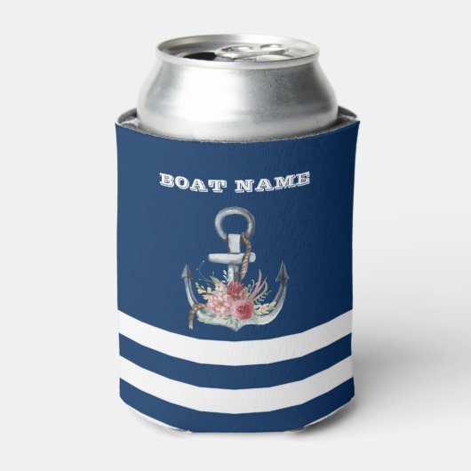 Naam boot,Anchor Flowers Navy Blue Striped Blikjeskoeler (Blikje Voorkant)