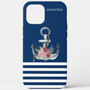 Naam boot,Anchor Flowers Navy Blue Striped Case-Mate iPhone Case