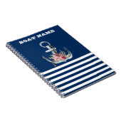 Naam boot,Anchor Flowers Navy Blue Striped Notitieboek (Rechterzijde)