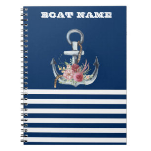 Naam boot,Anchor Flowers Navy Blue Striped Notitieboek