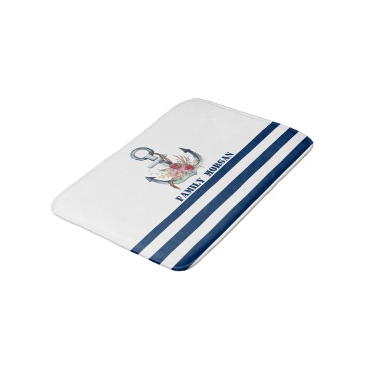 Naam boot,Anchor Flowers Navy Blue Stripes Badmat (Gekanteld)
