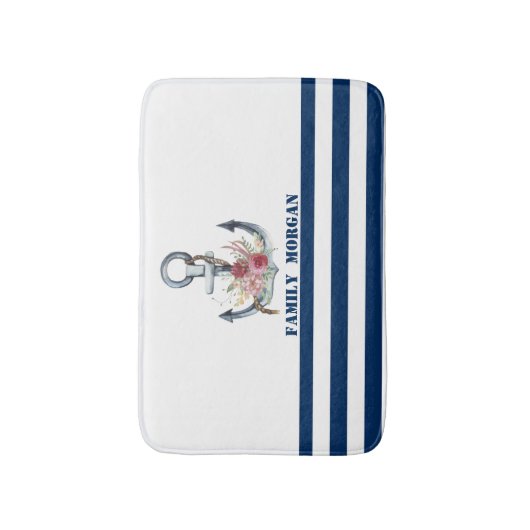 Naam boot,Anchor Flowers Navy Blue Stripes Badmat (Voorkant Verticaal)