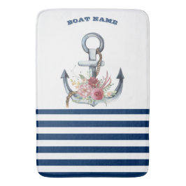 Naam boot,Anchor Flowers Navy Blue Stripes Badmat