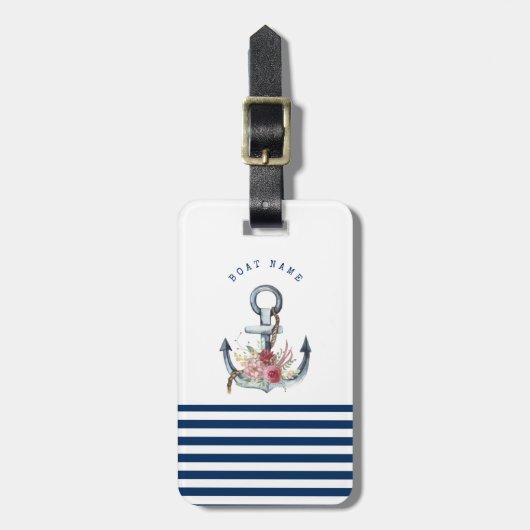 Naam boot,Anchor Flowers Navy Blue Stripes Bagagelabel (Voorkant verticaal)