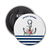 Naam boot,Anchor Flowers Navy Blue Stripes Button Flesopener (Voorkant)
