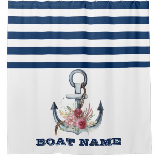 Naam boot,Anchor Flowers Navy Blue Stripes Douchegordijn (Voorkant)