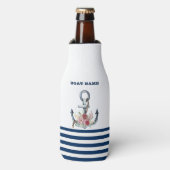 Naam boot,Anchor Flowers Navy Blue Stripes Flesjeskoeler (Fles Voorkant)