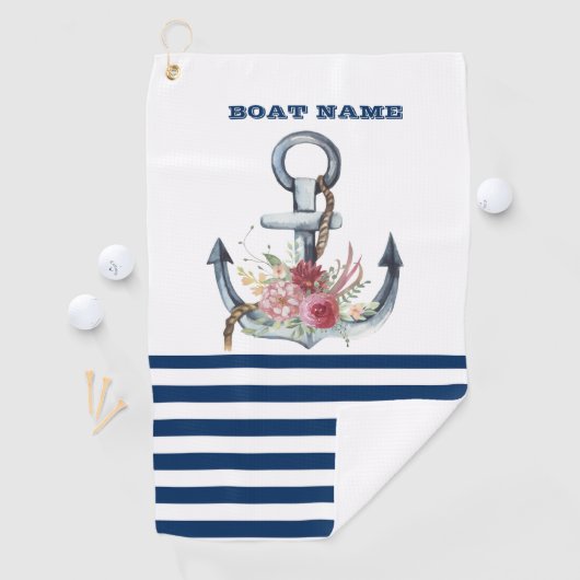 Naam boot,Anchor Flowers Navy Blue Stripes Golfhanddoek (Insitu)