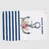 Naam boot,Anchor Flowers Navy Blue Stripes Golfhanddoek (Horizontaal)
