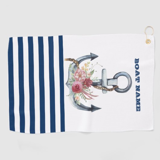 Naam boot,Anchor Flowers Navy Blue Stripes Golfhanddoek (Horizontaal)