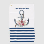 Naam boot,Anchor Flowers Navy Blue Stripes Golfhanddoek (Voorkant)