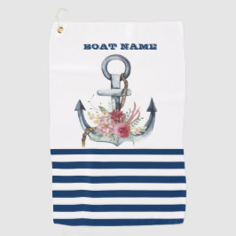Naam boot,Anchor Flowers Navy Blue Stripes Golfhanddoek