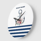 Naam boot,Anchor Flowers Navy Blue Stripes Grote Klok (Hoek)