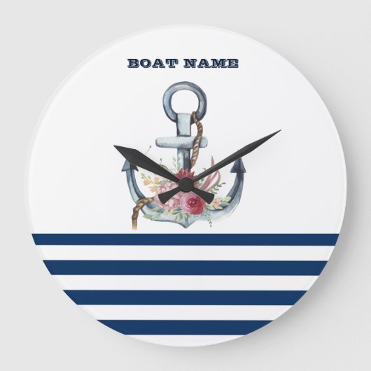 Naam boot,Anchor Flowers Navy Blue Stripes Grote Klok (Voorkant)