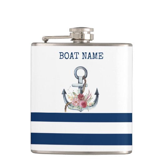 Naam boot,Anchor Flowers Navy Blue Stripes Heupfles (Voorkant)