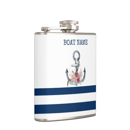 Naam boot,Anchor Flowers Navy Blue Stripes Heupfles (Rechts)